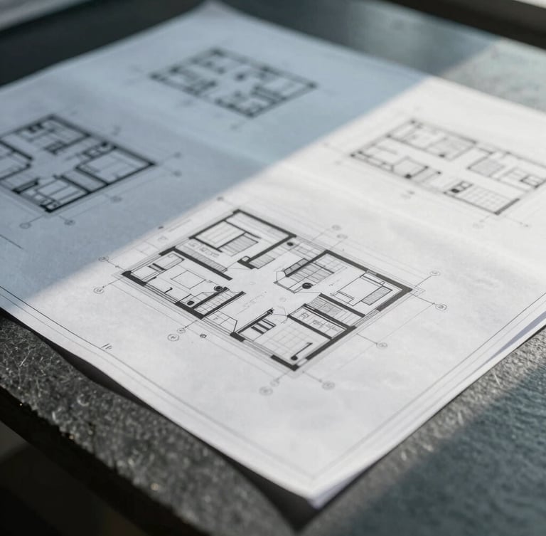 Close-up of architectural blueprints and technical documents laid out on a dark slate table, soft natural daylight casting long shadows, professional and serious atmosphere