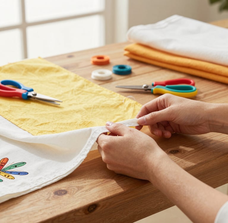 Manos artesanas cortando tela de algodón suave sobre una mesa de madera rústica, hilos de colores y tijeras de costura al fondo, luz de ventana.