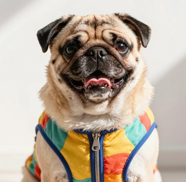 Close-up of a happy pug with a wide chest wearing a custom-fit colorful vest, bright natural daylight, looking directly at camera