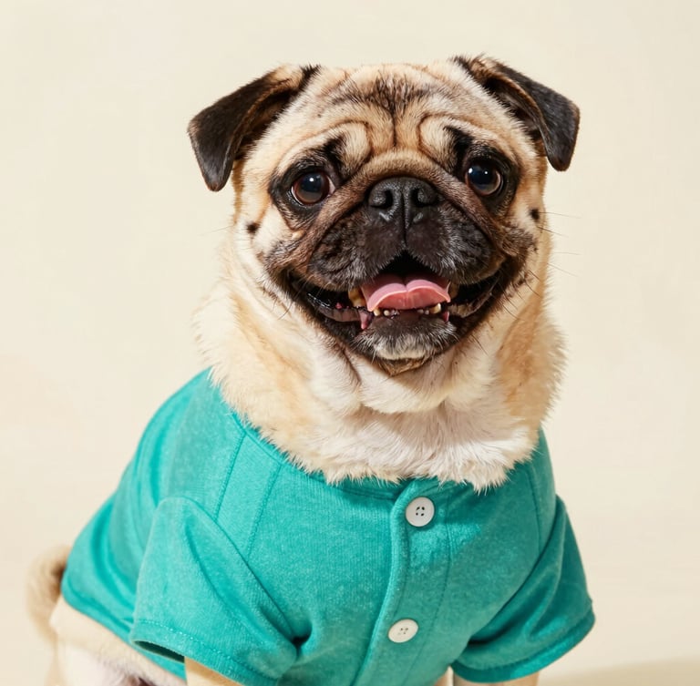 Bright studio photography of a happy pug wearing a perfectly fitted custom teal shirt, warm natural daylight, sharp detail on fabric textures, eye-level close-up