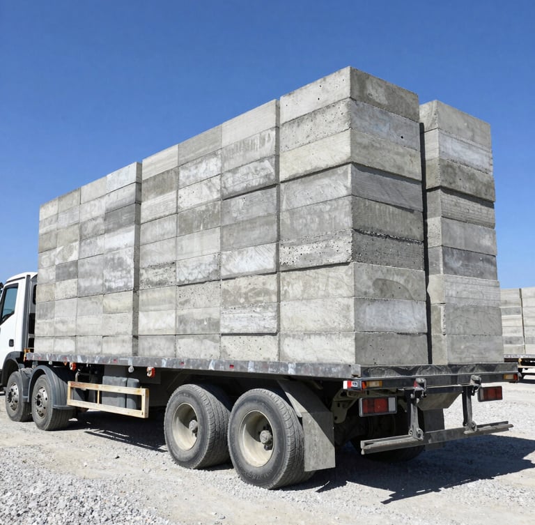 Low-angle heroic shot of a heavy flatbed delivery truck loaded with perfectly stacked grey concrete solid blocks, parked in a bright gravel yard under harsh midday sun, high-contrast concrete textures.