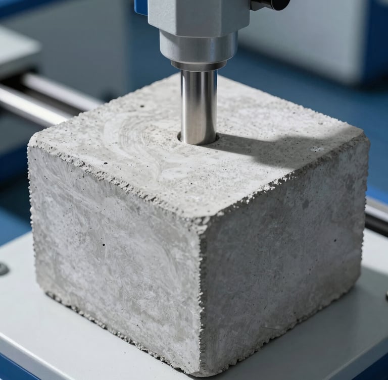 Macro shot of a concrete block undergoing hydraulic compressive strength testing in a laboratory, structural testing machine, high-contrast concrete texture, cool grey tones, 50mm lens.