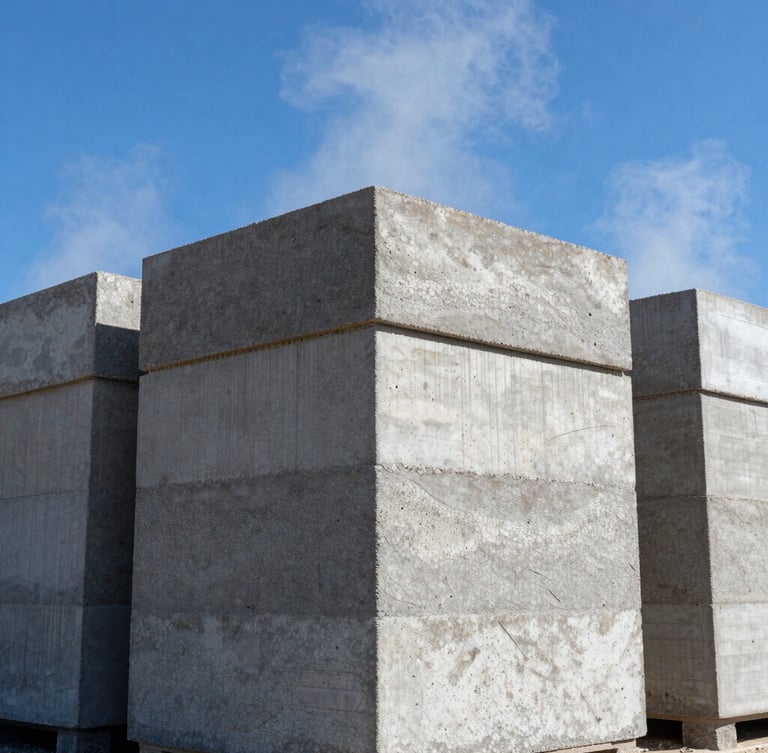 Low-angle architectural shot of concrete solid blocks stacked in the curing yard, steam rising from curing chambers, high-contrast textures under bright midday sun.
