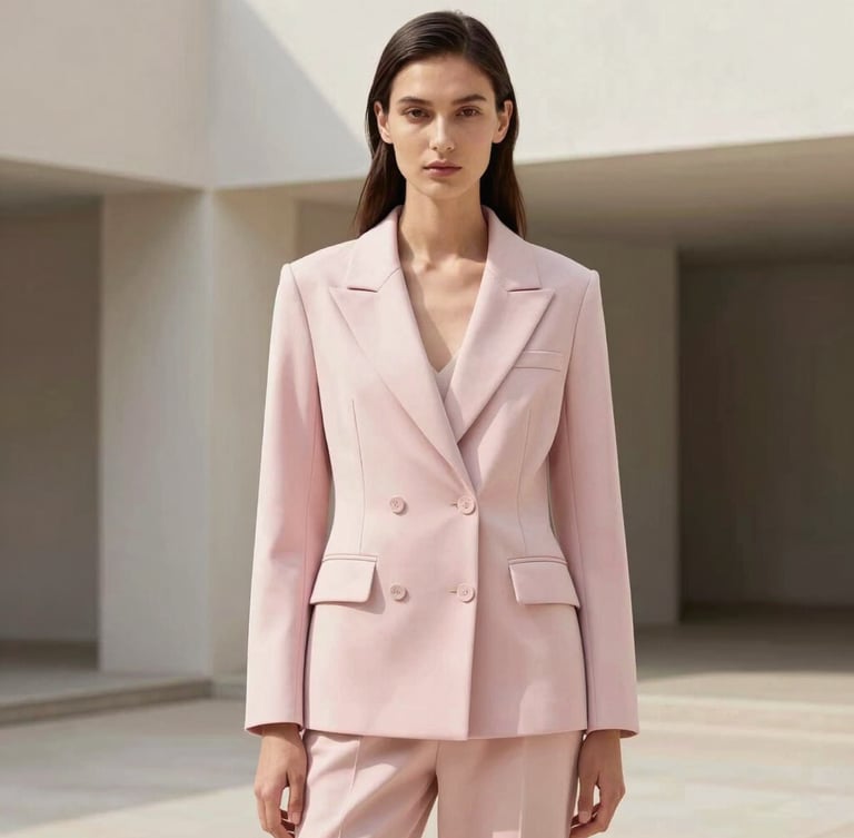 Full-length editorial shot of a model wearing a structured ZEYNA jacket in an architectural urban setting, soft natural daylight, baby pink tones, 35mm lens