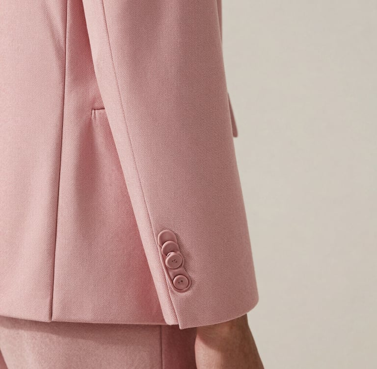 Close-up editorial photography of a beautifully tailored cuff and seam on a dusty pink structured jacket, soft natural daylight, minimalist background