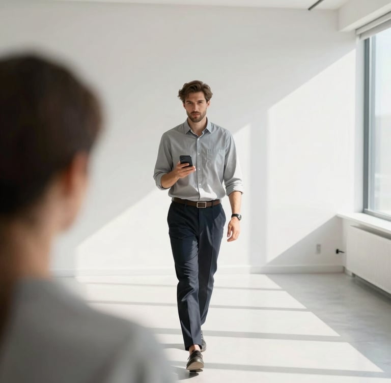 Minimalist over-the-shoulder shot of a founder walking through a bright, sunlit modern office, holding a phone up to record a voice memo, clean daylight shadows, high-key lighting
