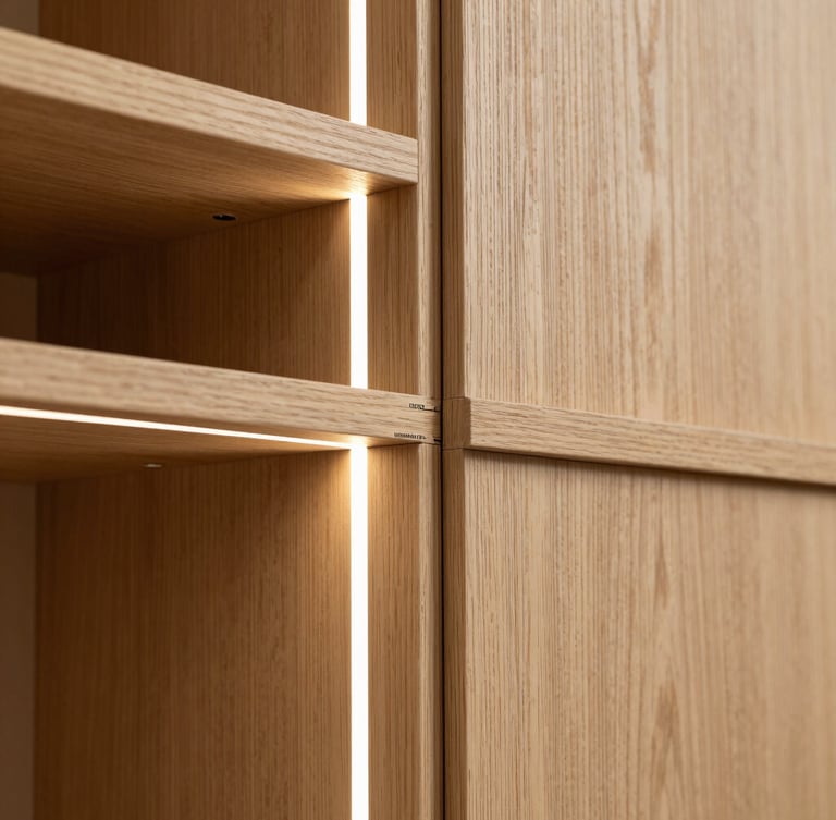 A close-up architectural shot of a bespoke oak wardrobe joint with integrated LED lighting, highlighting precise millimeter alignment and natural wood grain