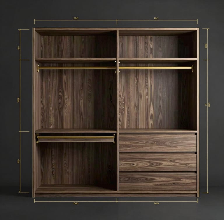 Architectural elevation drawing of a bespoke walk-in closet, gold hairline lines on a dark charcoal background, precise millimeter measurements, natural side lighting highlighting material textures, clean minimalist lines