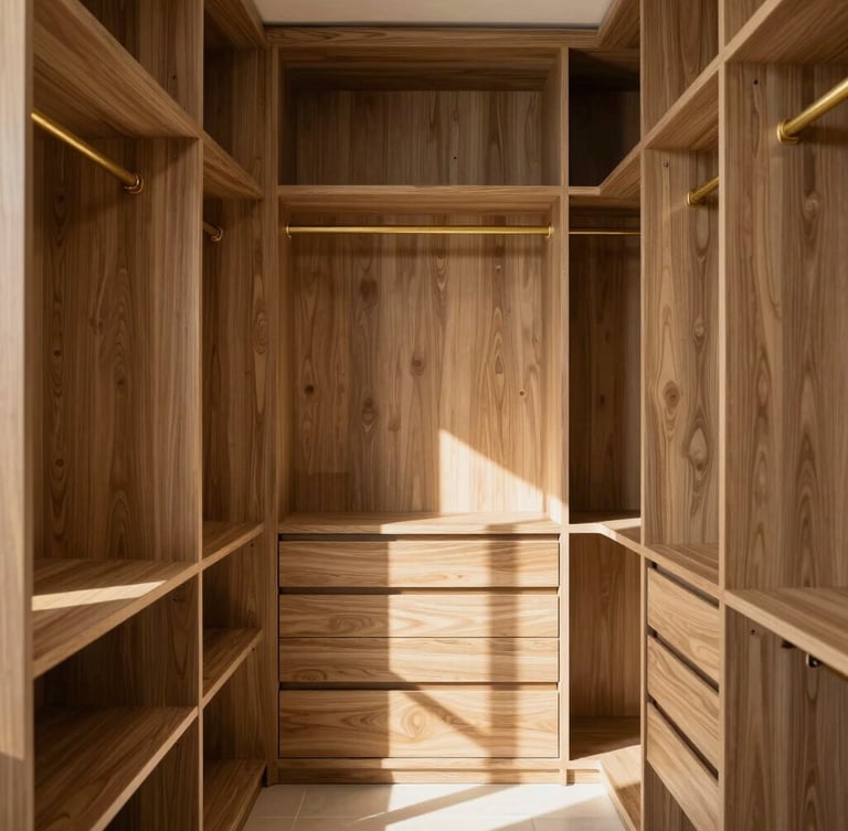 A clean architectural portrait of a walk-in luxury closet in a Riyadh villa, morning natural light casting soft shadows, natural oak wood panels, gold hairline metal accents, meticulously organized.