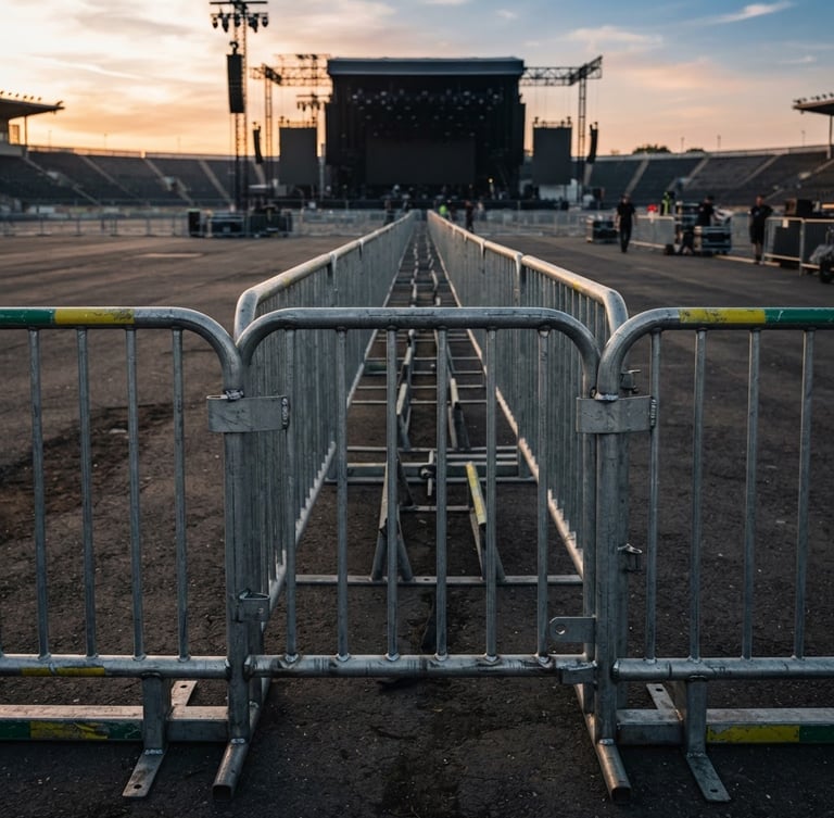 Industrial setup of heavy-duty galvanized steel barricades neatly lined up at a massive open-air concert venue during sunset, sharp focus on metallic welding, professional logistics