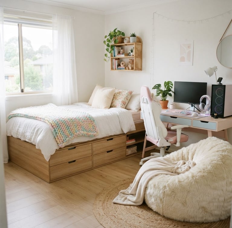 Bright teen bedroom with a light wood storage bed, pastel gaming desk, and faux fur lounger, soft natural window light, clean Scandinavian aesthetic, 35mm