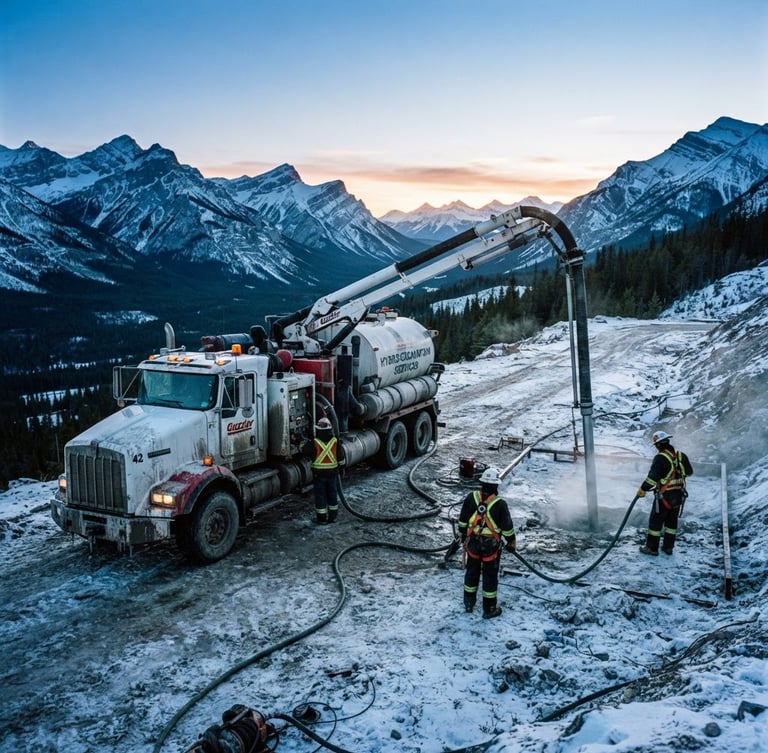 Wide shot of a high-capacity hydro-excavation truck with its boom extended, working on a frozen mountain job site at dawn, crew in safety gear, crisp mountain daylight, high-contrast cool tones.