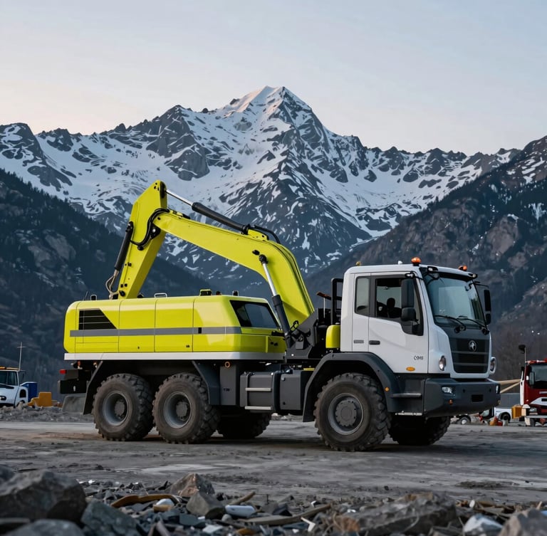 Wide shot of a large, modern hydro-excavation truck with safety yellow accents, parked on a rugged mountain job site at dawn, with snow-capped peaks in the background, crisp high-contrast light, 35mm lens.