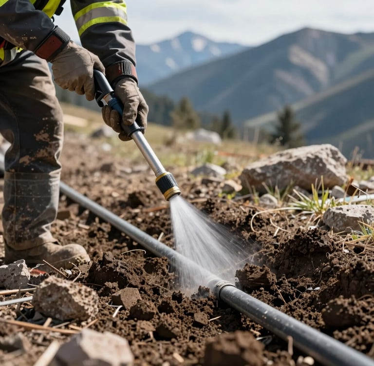 Close-up of a high-pressure water wand precisely cutting through soil to expose a clean, intact utility line, rugged Rocky Mountain job site, crisp mountain daylight, high-contrast cool tones, sharp details.