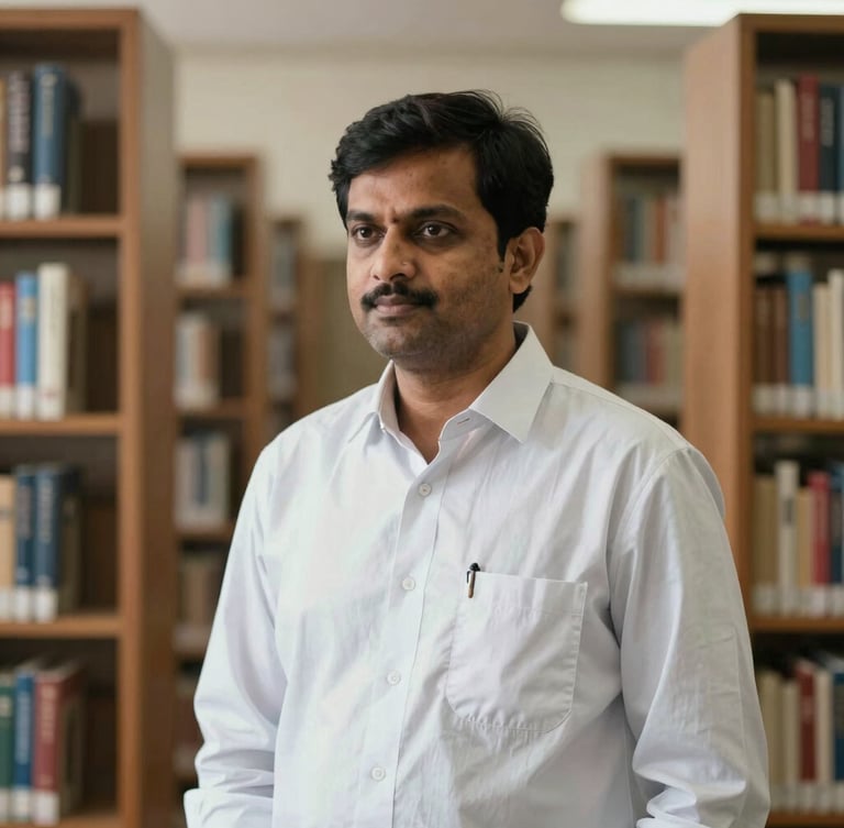 A crisp, natural-light environmental portrait of Dr. Akhil Kumar Singh in an academic library setting, soft diffused daylight, thoughtful expression.