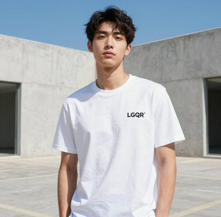 An artist performing in a sun-drenched concrete courtyard, wearing a clean white LGQR branded t-shirt, bright high-key editorial photography, vibrant clean tones, 35mm lens