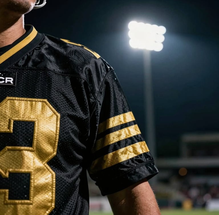 Low-angle dynamic shot of a football supporter wearing a vintage black and gold jersey, moody stadium floodlight shadows, urban background, 35mm