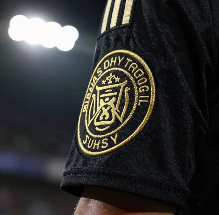 Dramatic close-up of a premium football jersey sleeve, showcasing high-contrast gold embroidered crest stitching, deep black fabric texture, stadium floodlight illumination, 35mm