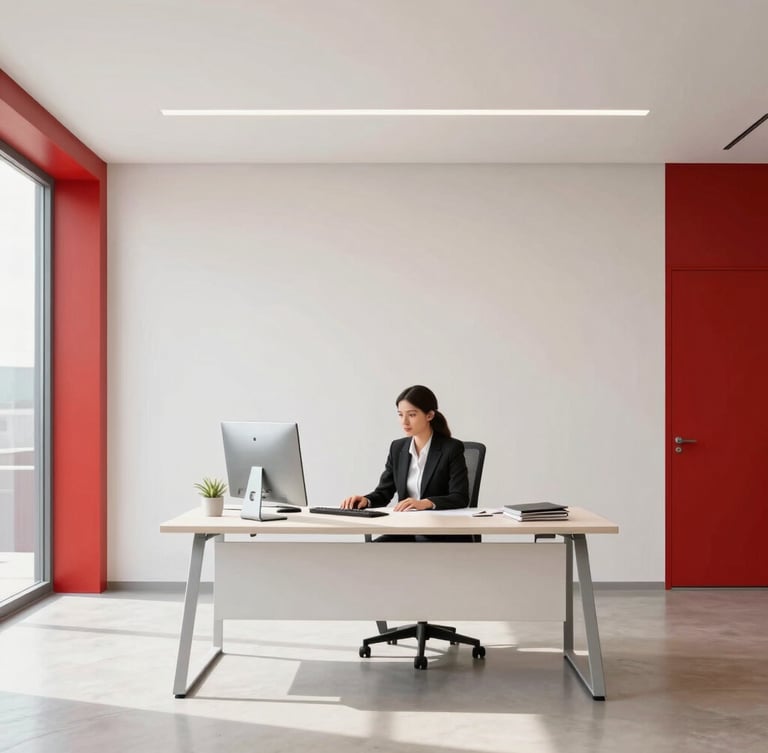 Bright modern office space in Central America with a professional working at a clean desk under soft natural daylight, minimalist architecture