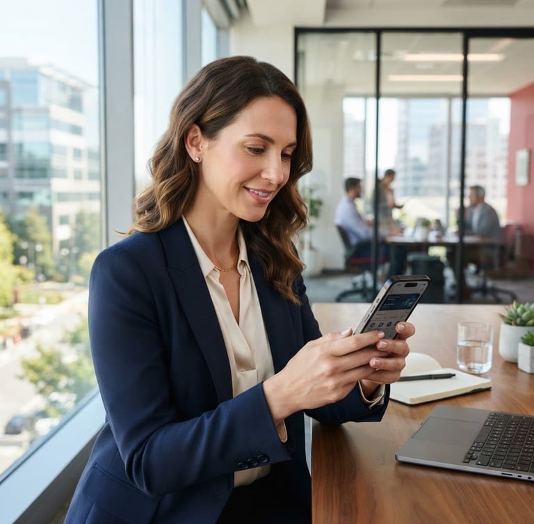 Medium close-up of a professional woman in a bright, modern San José office, looking at a secure corporate banking application on her smartphone, soft natural daylight, professional editorial style.