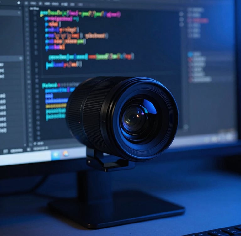 Macro shot of a clean code editor on a monitor, cool blue studio lighting, deep shadows, sharp focus, 35mm lens