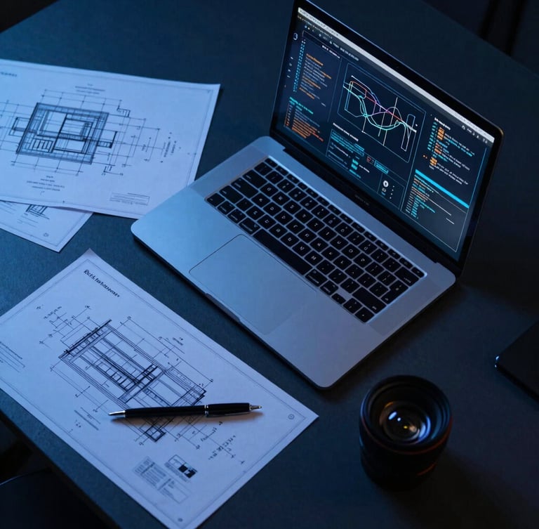 Overhead desk layout of a developer workspace with technical blueprints and a modern laptop showing system diagrams, cool blue studio lighting, sharp focus