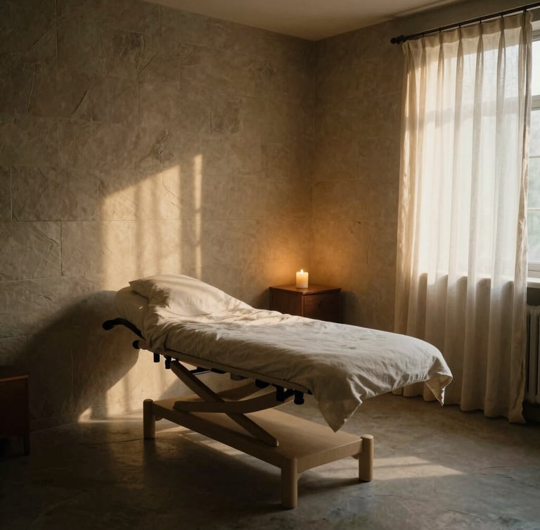 Moody editorial photography of a wide, empty, peaceful treatment room with natural slate walls, soft linen drapes, indirect low-key golden-hour light casting long soft shadows, 35mm lens