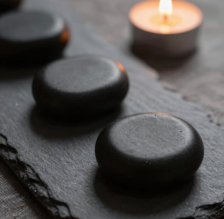 Close-up macro shot of warm, smooth black massage stones resting on raw grey linen, soft candlelight, moody shadows