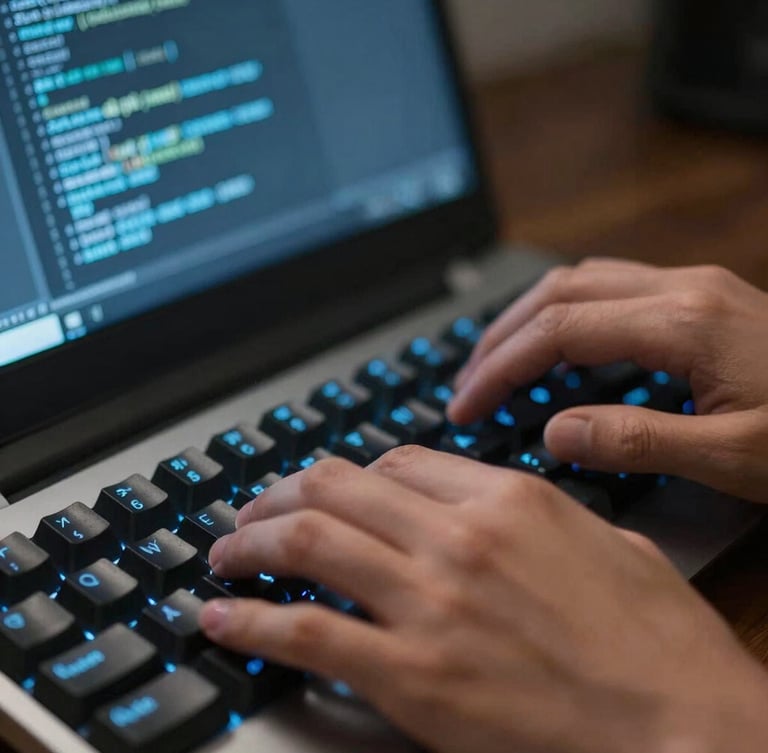 Macro close-up of hands typing on a mechanical keyboard, illuminated by the cool blue light of terminal code on a screen, shallow depth of field