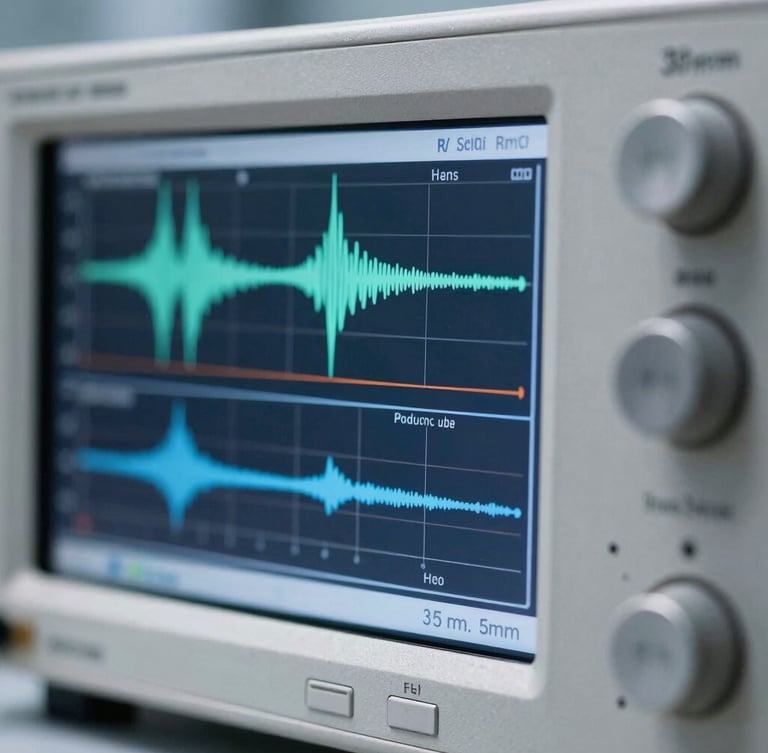 Extreme close-up of a high-precision RF spectrum analyzer screen displaying complex wave signals, cool laboratory lighting, deep slate and metallic silver tones, sharp macro focus, 35mm