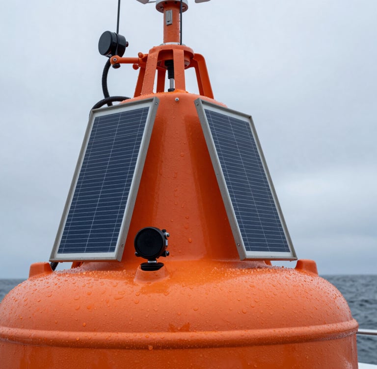 Macro technical close-up of a bright orange Spotter buoy's marine-grade solar panels and sensors, high-contrast natural light from an overcast maritime sky, water droplets on the rugged casing.