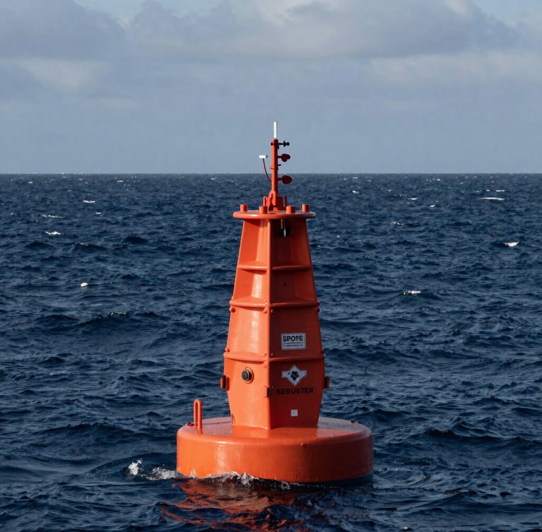Wide shot of a bright orange Spotter buoy floating in rough, deep-blue open water under overcast maritime skies, high-contrast natural light, vast ocean scale.