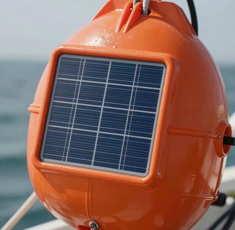 Macro technical close-up of a bright safety orange Spotter buoy, showing integrated solar panels and rugged marine-grade casing.