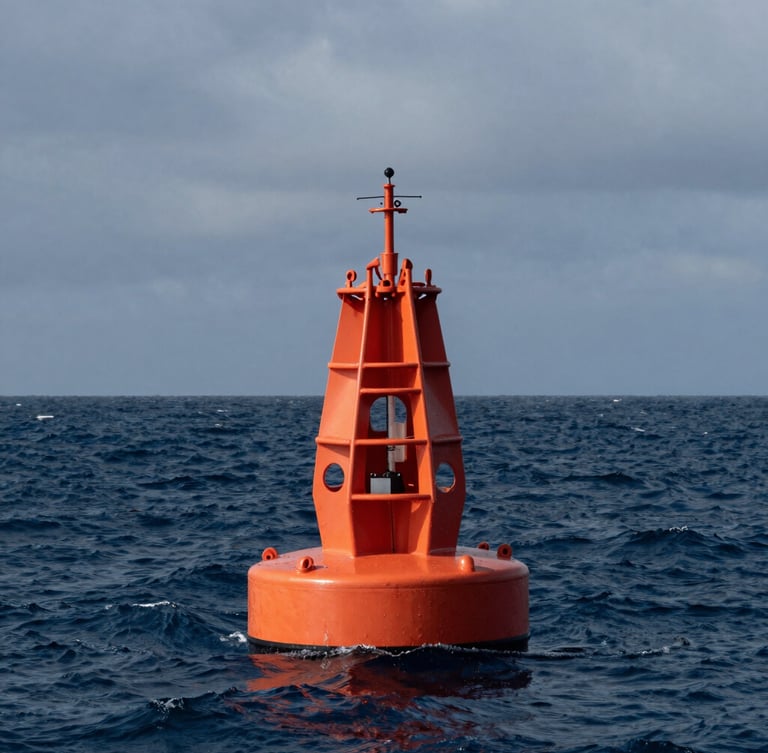 Extreme wide environmental shot of a bright orange Spotter buoy floating in rough deep-blue open water under overcast maritime skies, dramatic high-contrast natural light.