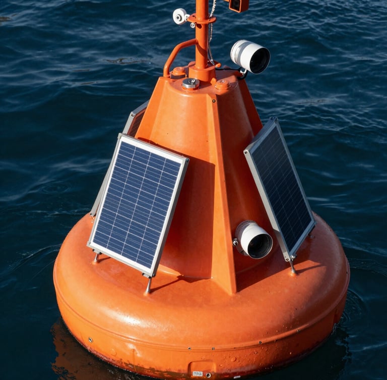 Close-up technical shot of a bright orange Spotter buoy floating in deep blue water, showing its rugged solar panels and integrated marine-grade sensors under high-contrast natural light