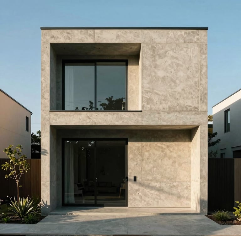 Straight-on architectural elevation of a modern concrete home, crisp high-contrast morning light casting sharp shadows, 35mm lens.