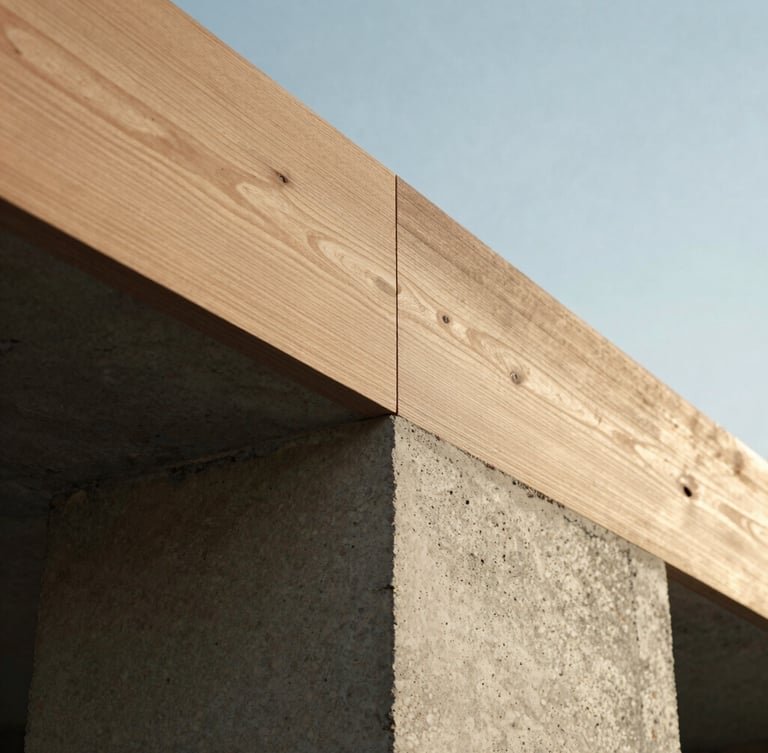 Close-up of raw concrete meeting a perfectly aligned oak beam, crisp morning light, architectural detail.
