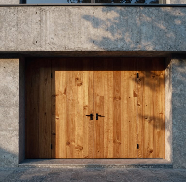 Straight-on architectural elevation of raw concrete and warm oak joinery, sharp morning shadows, minimalist design details