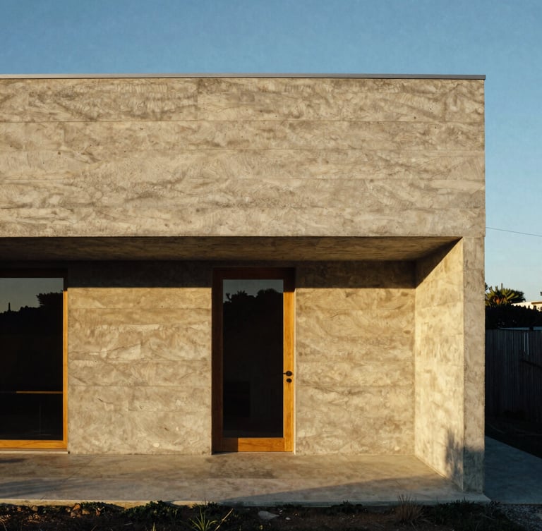 Straight-on architectural elevation of a raw concrete and timber coastal home, sharp geometric shadows, low-angle golden hour light, warm travertine tones, 35mm film photography.