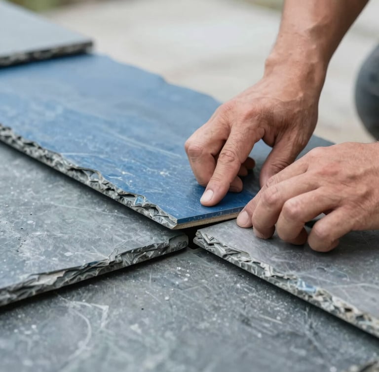 Close-up of hand-cut slates being laid by a craftsman, precise slate alignment, natural overcast daylight, slate blue and zinc grey tones, crisp detail, 35mm lens