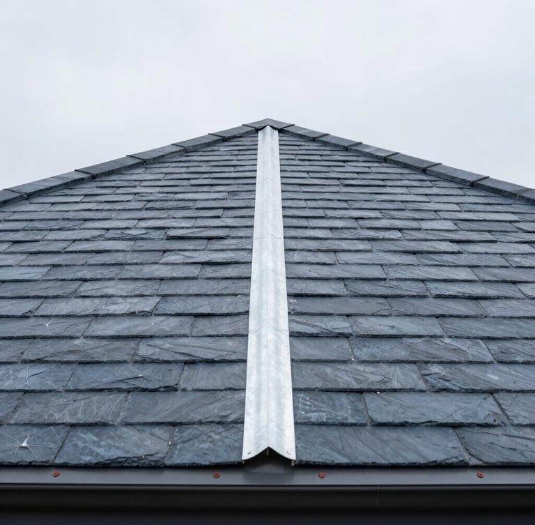 Low-angle architectural shot of a high-end residential slate roof with precise zinc seams under a soft overcast daylight, crisp detail, 35mm lens