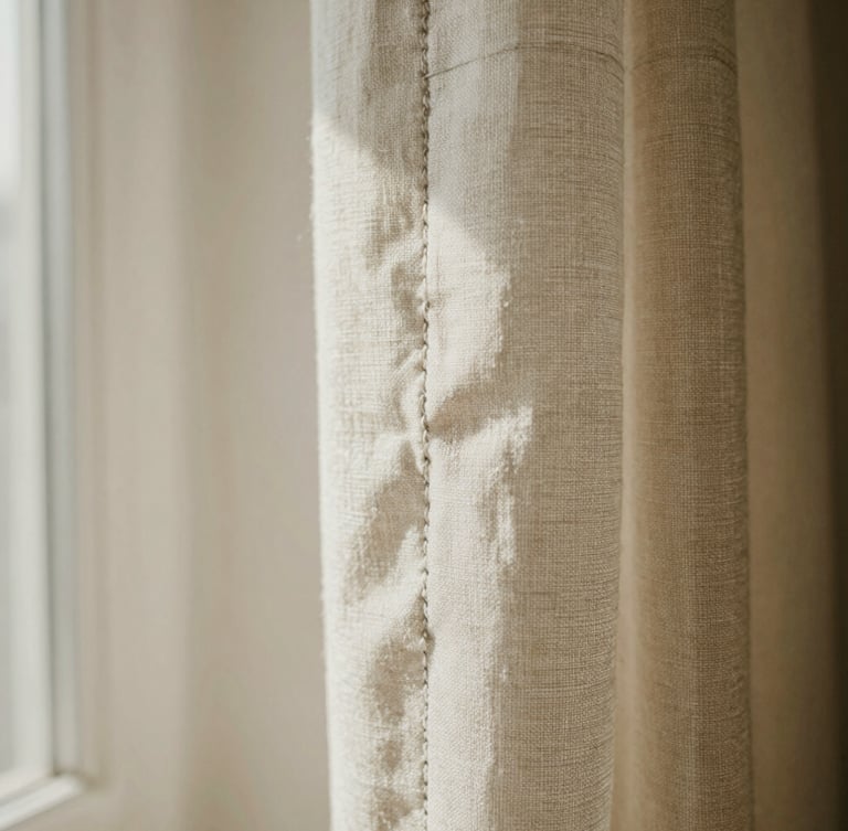 Extreme macro shot of heavy Belgian linen fabric texture, catching soft morning light, showing double-stitched seams