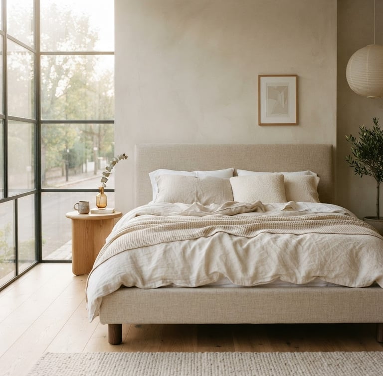 Low-profile upholstered bed in a minimalist warm-toned architectural space, soft morning window light, muted ivory and beige tones, medium format film