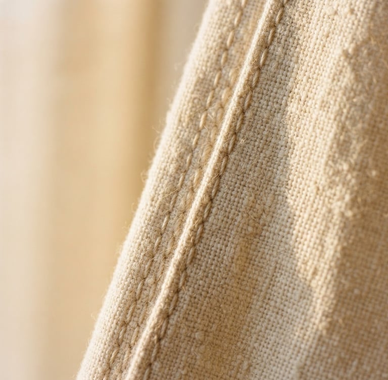Extreme close-up of heavy Belgian linen drapes catching soft golden hour light, focus on double-stitched seams, warm ivory tones, medium format film