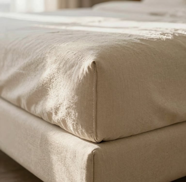 Close-up of double-stitched seams on a warm beige upholstered bed frame, soft morning light catching the heavy linen texture.