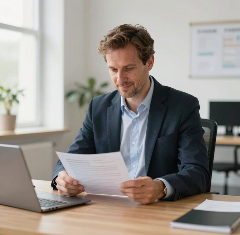 An approachable Dutch labor lawyer in a bright, modern, light-filled office, reviewing a paper document on a clean oak desk, soft natural daylight, shallow depth of field