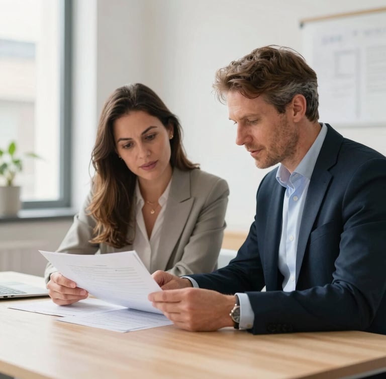 Environmental shot of two Dutch labor law experts, a man and a woman, reviewing documents on a clean wooden desk in a bright, modern office with soft daylight.
