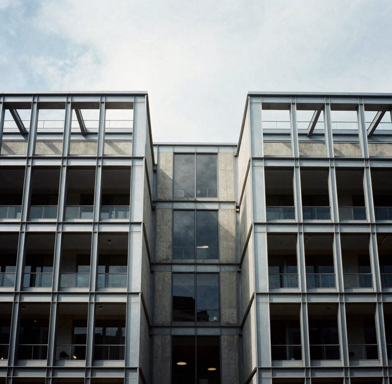 Symmetrical architectural detail of a modern steel and concrete commercial building under a crisp overcast sky, high contrast shadows, 35mm architectural film photography style