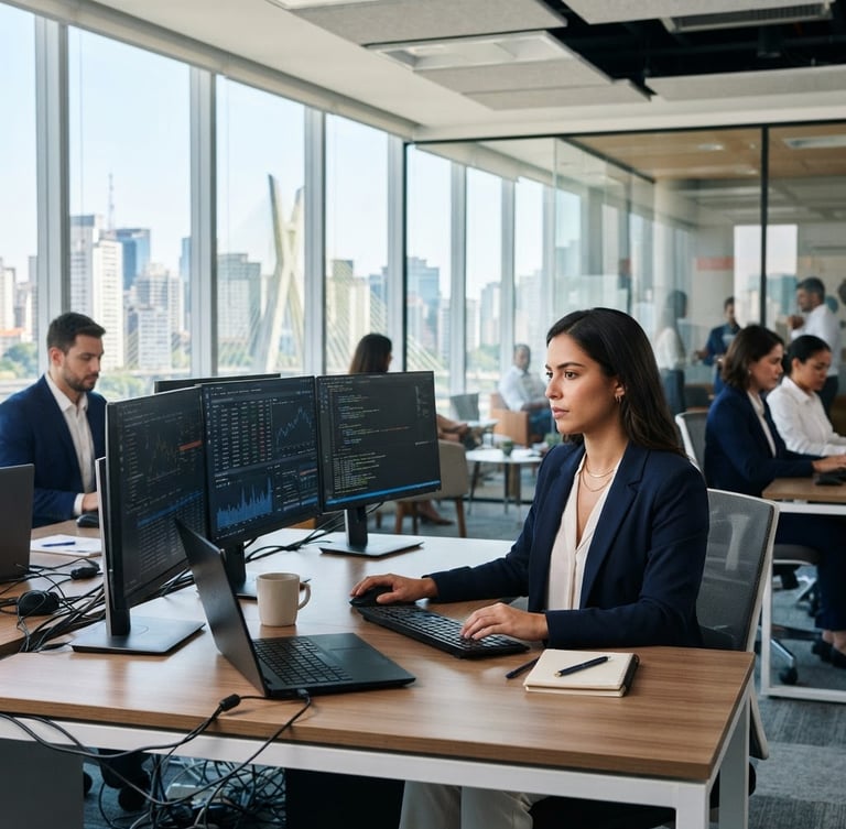 Modern corporate office in São Paulo, bright natural daylight, professionals working with secure digital interfaces, professional navy tones, sharp focus.