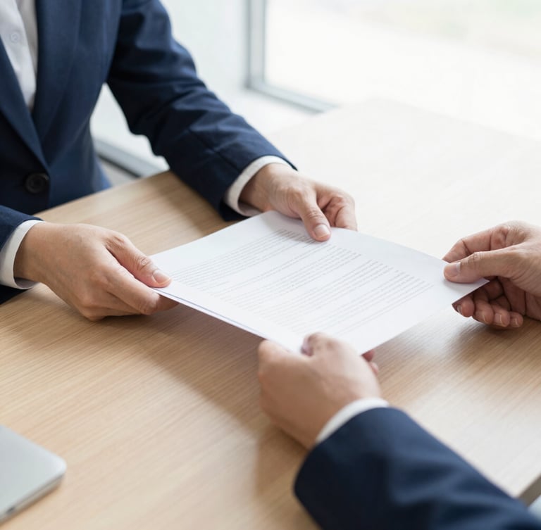Close-up of professional business consultation, hands reviewing secure financial documents on a wooden table, bright natural daylight, sharp focus.